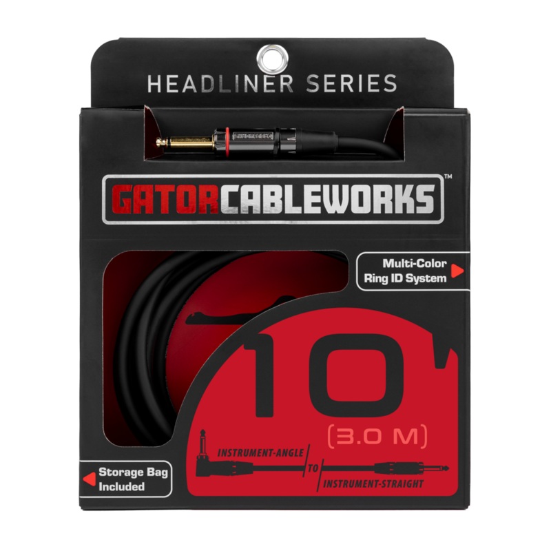 Gator GCWH-INS-10RA Headliner Series 1/4″ Straight To 1/4″ Right Angle Instrument Cable – 10ft