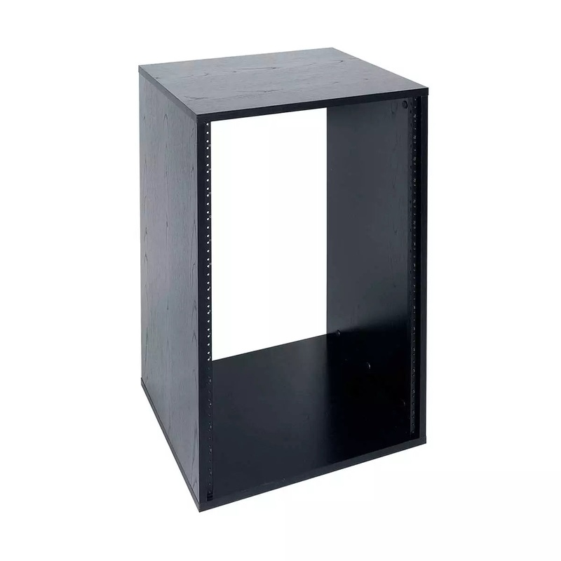 Lowell LLR-1618-B Laminate AV Rack (Woodgrain Black) – 16U x 18″D