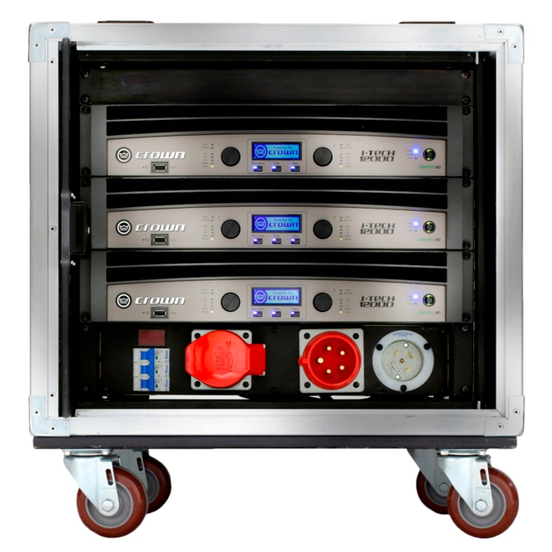 Crown VRACK12KFX Rugged Touring Rack With Three I-Tech 12000HD Power Amplifiers, A Connection Panel And A Power Distro