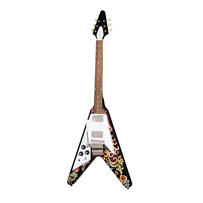 Epiphone ECJHFVEBNHLH Jimi Hendrix “Love Drops” Flying V Left Handed Electric Guitar (Ebony)