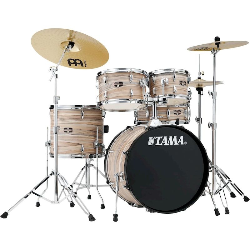 Tama IE50CNZW Imperialstar IE50C 5-piece Complete Drum Set with Snare Drum and Meinl Cymbals – Natural Zebrawood Wrap