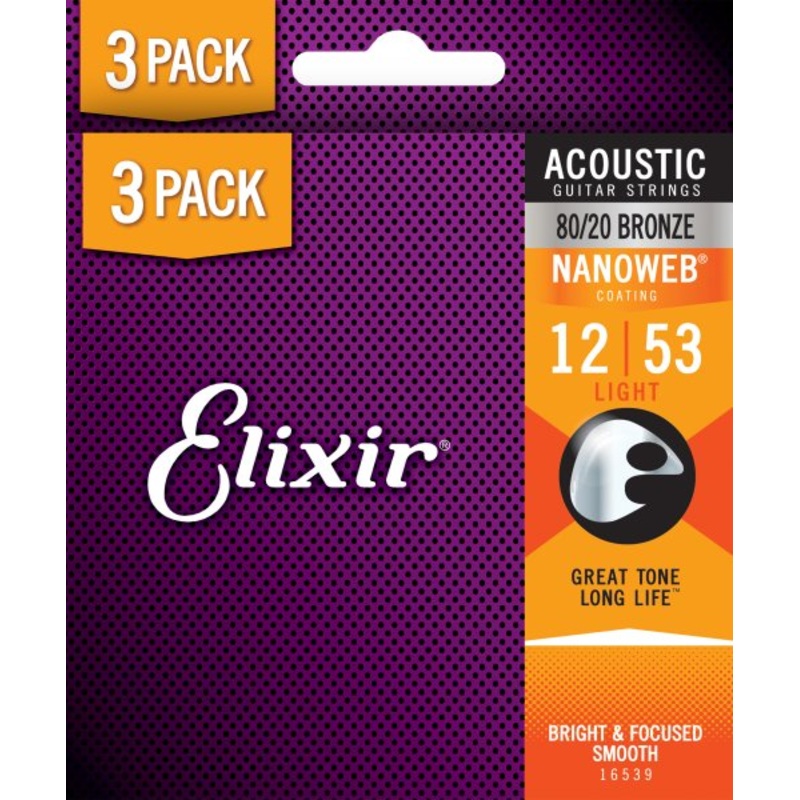 Elixir 16539X Acoustic Guitar Strings with NANOWEB Coating (3 Pack) – .012-.053
