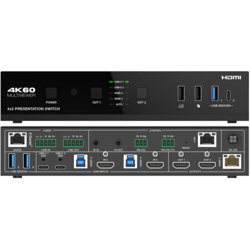 DVDO USBC-HDMI-PS-42-XTEND 4K Seamless Presentation Switcher/Extender with Dante Audio – 4×2