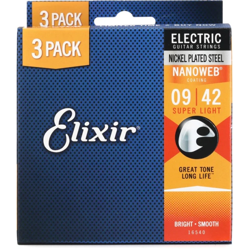 Elixir 16540X Nanoweb Electric Guitar Strings (Super Light, 3 Pack) – .009-.042