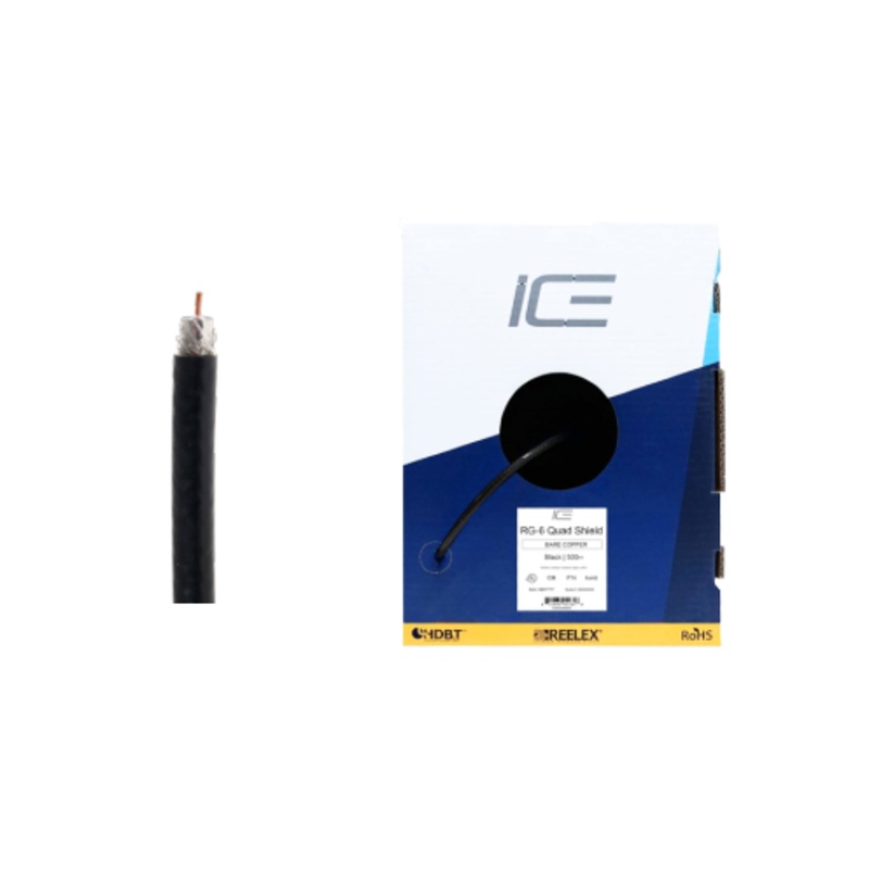 Ice Cable RG-6QS/BC/BOX/BLK 18awg Coax Bare Copper Cable – 1000ft Box (Black)