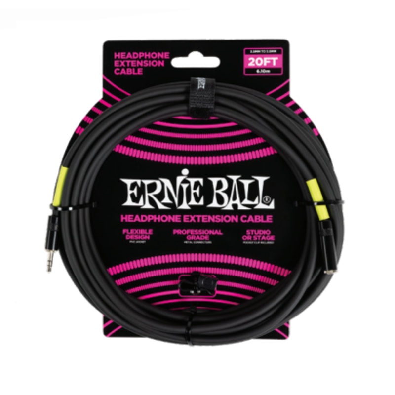 Ernie Ball 6425EB Headphone Extension  Cable 3.5mm to 3.5mm (Black) – 20ft