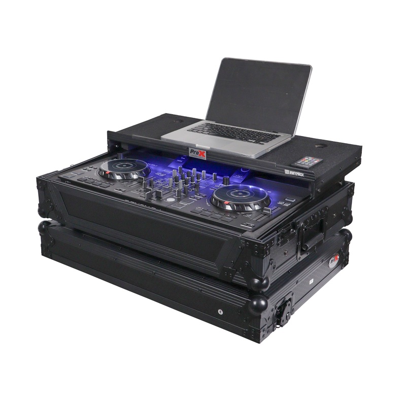 ProX XS-SCLIVE2LTBLLED ATA Flight Style Road Case For Denon SC Live 2 Controller with Laptop Shelf 1U Rack Space RGB LED (Black Finish)